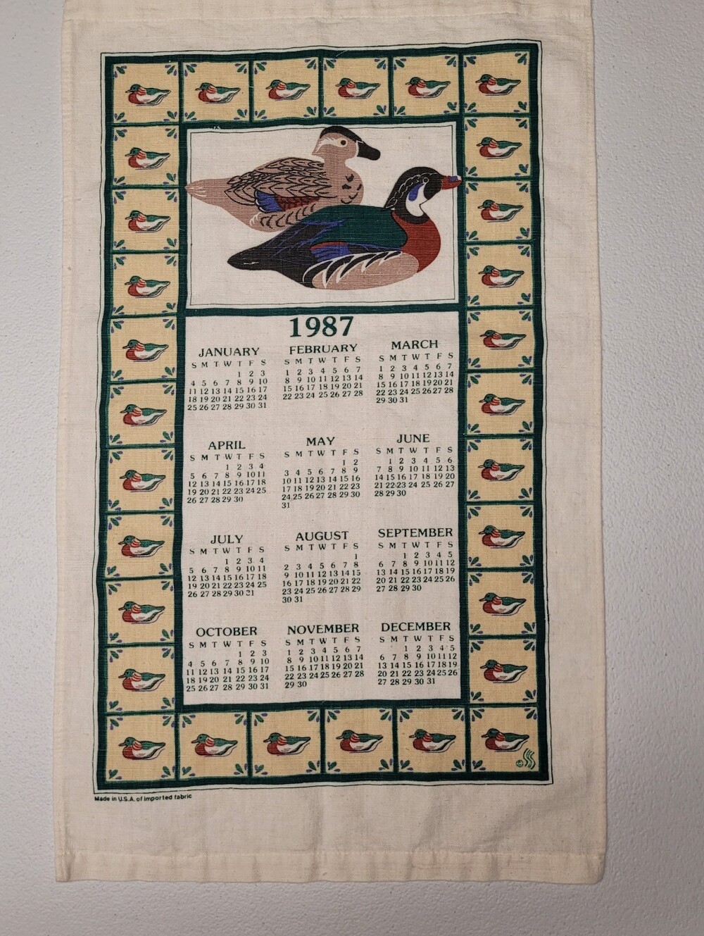 Vintage 1987 Duck Print Calendar Cloth Tea Towel Multicolor Made in USA